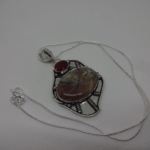 Beautiful "BRECCIATED JASPER & RUBY" Handmade Sterling Pendant/18" Chain #445 - Picture 2 of 3